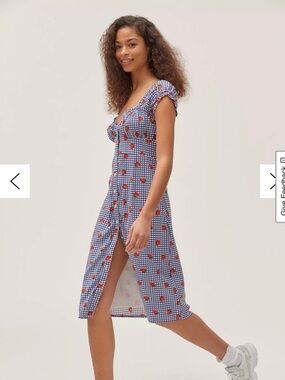 Urban Outfitters Blue Gingham Midi Dress with Strawberry Print